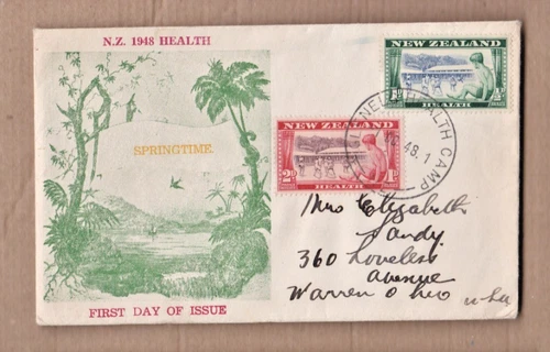 older New Zealand FDC cover to Warren, OH Oct. 1, 1948 Scott  B32-B33 full set