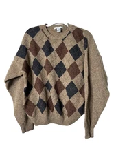 Geoffrey Beene Sweater Mens XL Lambswool Crew Neck Argyle Pullover Brown Preppy
