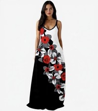 Black White Red Floral Maxi Dress V-Neck Spaghetti Strap Spring Summer