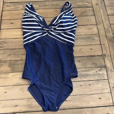 Women's LASCANA Navy and White Striped Tummy Control Swimsuit - Size 6, D Cup