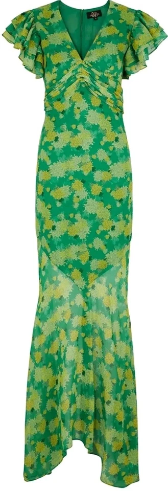 De La Vali Palmera Green Floral Chiffon Maxi Dress UK 12 US 8 Ruffle Sleeve $676 - Image 2 of 4