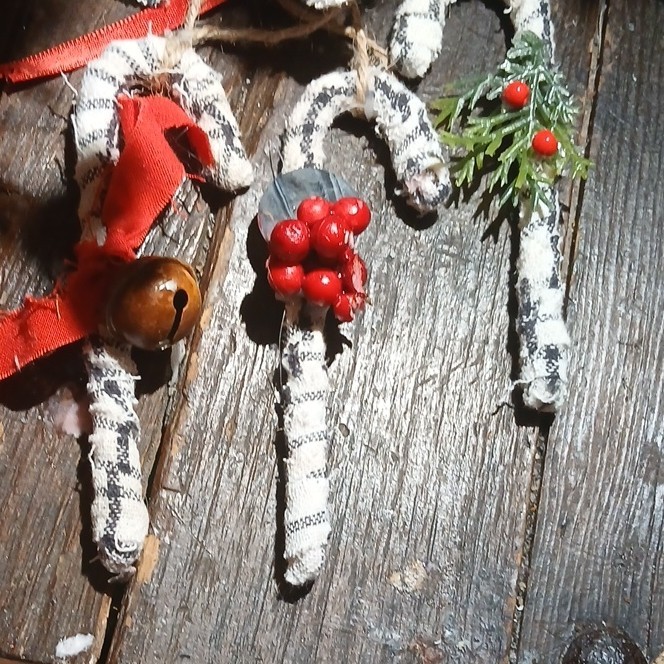 Handmade Plaid Candy Cane Ornaments with Red Berries & Bell Set of 3