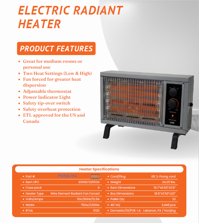 EZ Heat 1500 Watt Electric Radiant Heater 32553 FW550-15A | eBay