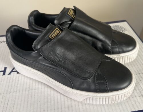 Puma $79 Basket Platform Strap Black Leather Casual Sneaker Shoes Sz 9 M