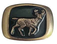 1983 Deer Brass and Green Enamel Belt Buckle By MM United Made In USA. New