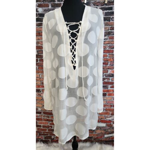 La Blanca Cover-Up Tunic Dress Polka Dot Lace Up White Beachy Bachelorette Bride