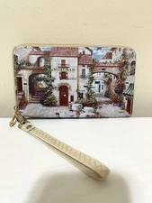 Woman’s Fashion Wallet Cafe Travel Scene w Multi-Sectional Full-Zip w Wristlet