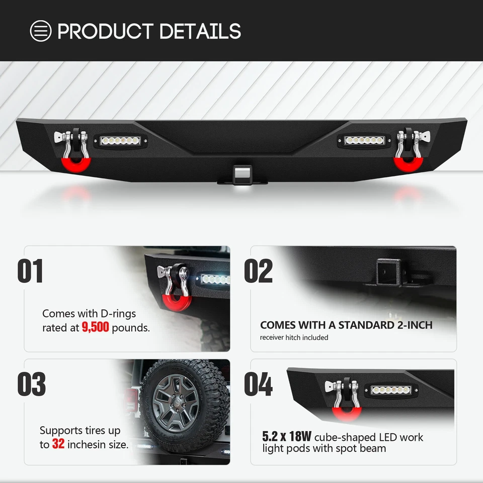 Rear Bumper for 2007-2018 Jeep Wrangler JK JKU Unlimited Paintable Armor D-Rings Foto 2 de 4