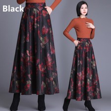 Lady Faux Wool Retro Skirt Check Tartan A-line Floral Pleated Elastic Waist