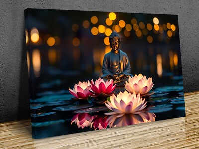 Buddha See Reflexionen Lotus aufgesetztes Leinwandbild fertig zum Aufhängen