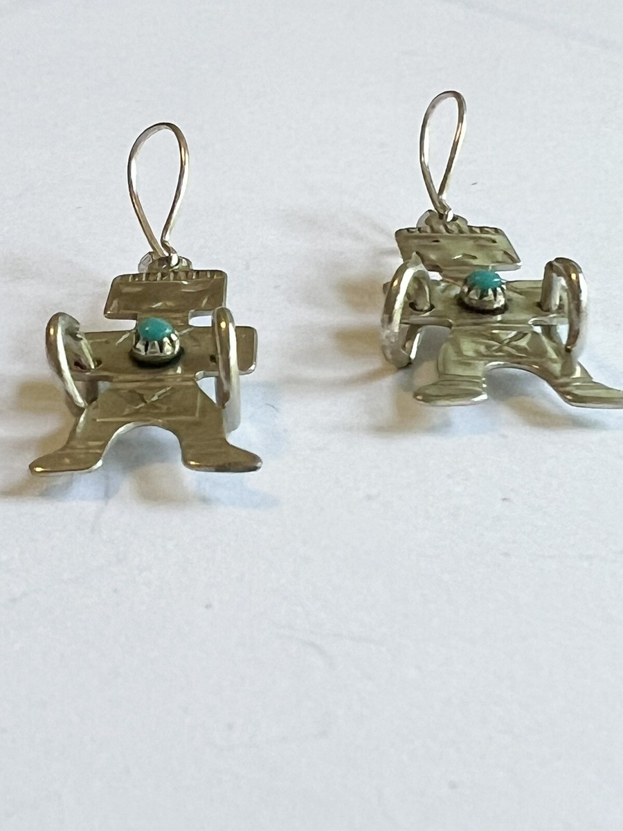 Native American Sterling Silver Turquoise Rain Dancer Earrings Southwest 1 5/8” View 3