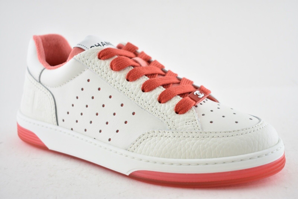 Chanel 22P White Leather Red CC Logo Flat Lace Up Tie Runner