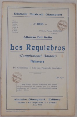 ALFONSO DEL BELLO THE FLATTERIES GALLANT COMPLIMENTS HABANERA PIANO SHEET 1930