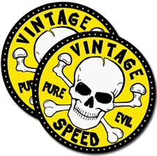Vintage Speed Skull Crossbones Pure Evil 4" Round Sticker Yellow * 2 PACK * 763