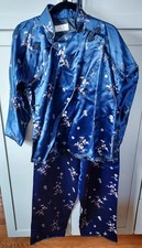 VTG Traditional Chinese Silk Suit Blue Floral Jacket Pants Left Side Closure