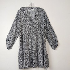 Nine West Womens LARGE Button Front Dress Tiered Black White Geometric Short NEW