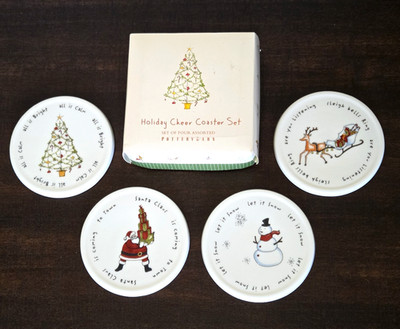 Pottery Barn HOLIDAY CHEER Christmas Coasters Ceramic Set of 4 Cork Bottoms 4''