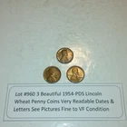 Lot #960 3 Beautiful 1954 Lincoln Wheats 1954-P 1954-D 1954-S F-VF See Pictures