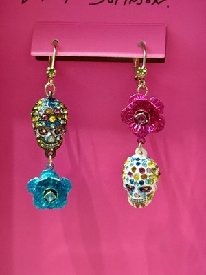 Betsey Johnson Multi-Color Crystal Sugar Skull & Rose Flower Mismatched Earrings