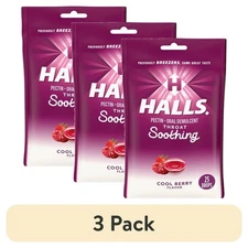 3X HALLS Throat Soothing Cool Berry Flavor Cough Drops 3 Bags 75 Total Drops