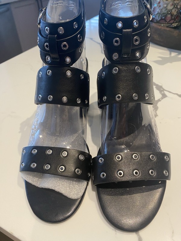 Rebecca Minkoff Black Leather Eyelet Strappy Ankle Buckle Block Sandals 8.5M