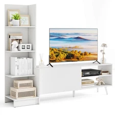 TV Stand for TVs up to 50'' w/Bookshelf & 3-Position Adjustable Shelf Metal Legs