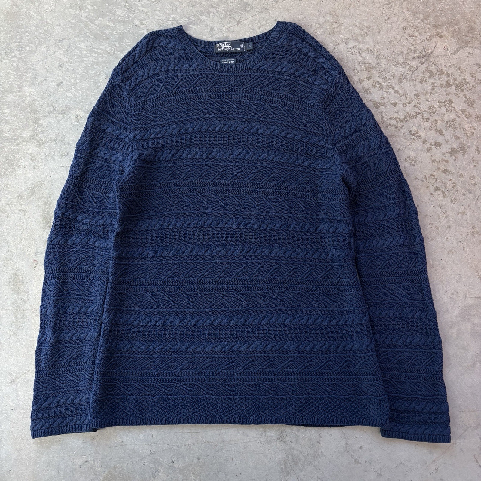 Vintage 90s Polo Ralph Lauren Hand Knit Sweater Cable Aztec Blue Textured Large