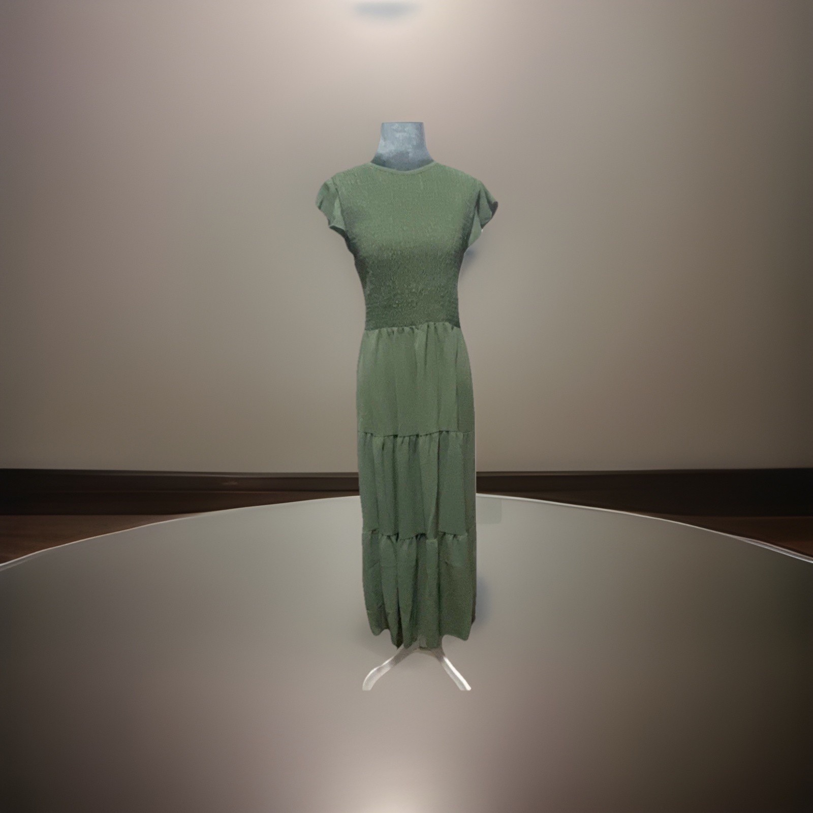 New XL Green Flutter Sleeve Smocked Waist Tiered Long Midi Dress