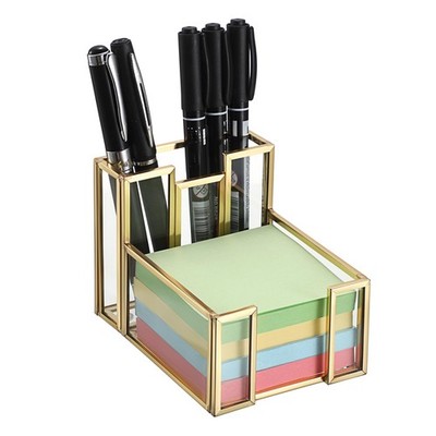Golden Glass 3x3 Inch Sticky Note Holder with Pen Slot, Elegant Post It Note ...