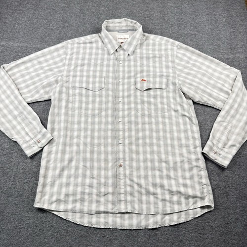 Simms Shirt Mens Large Fishing Pearl Snap Plaid Vented Long Sleeve Mesh Lined