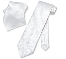 Vesuvio Napoli WHITE PAISLEY NeckTie and Handkerchief Matching Mens Neck Tie Set