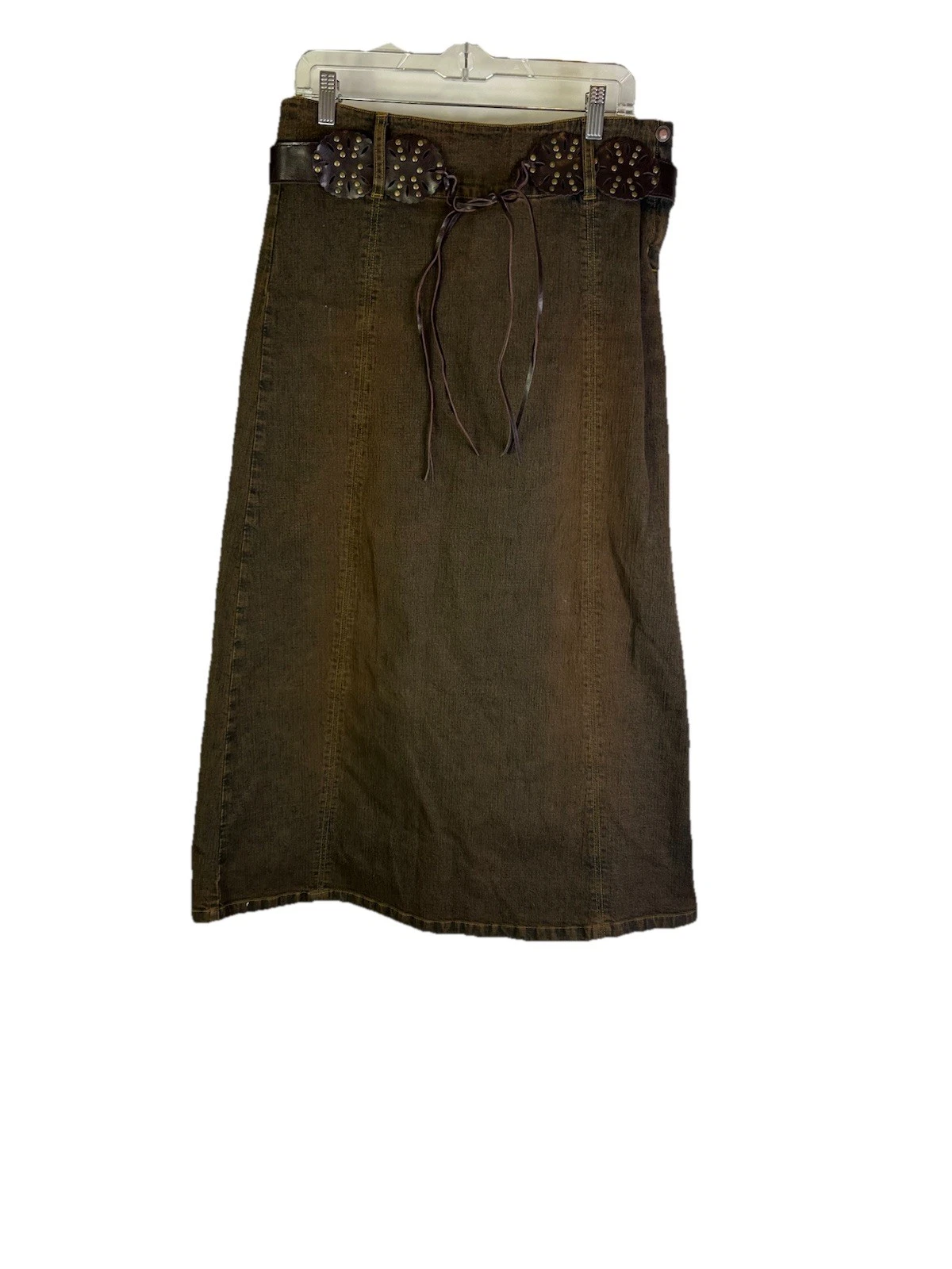 Vintage Y2K Grunge Streetwear Skirt Womens 8 Brown Stone Wash Belt Back Slit