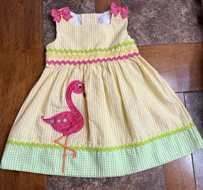 Girl s 2T Emily Rose Yellow Seersucker Pink Flamingo Dress - Cute Summer Dress!