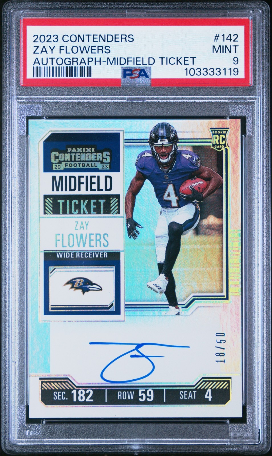 PSA 9 2023 Panini Contenders #142 ZAY FLOWERS Midfield Ticket Auto /50 Rookie RC