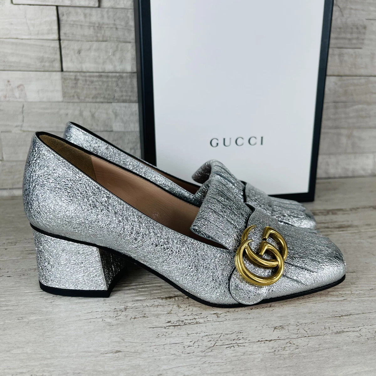 Gucci, Red suede GG Marmont loafer pumps - Unique Designer Pieces