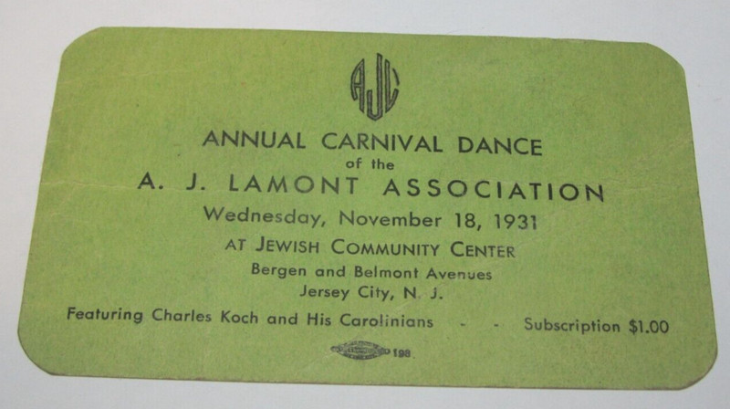 1931 Annual Carnival Dance Card Jewish Community Center Jersey City, NJ