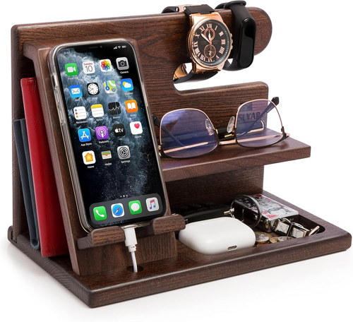 TESLYAR Wood Phone Docking Station for Men - Desktop or Nightstand Organizer - B - Photo 11 sur 12