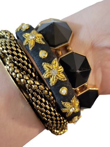 Schwarz Goldfarben Armband 3er Set Armreifen Stretch - Bild 2 von 4