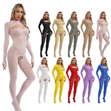 Women Glossy Sheer Silky Bodystocking Long Sleeves Bodysuits Jumpsuits Nightwear