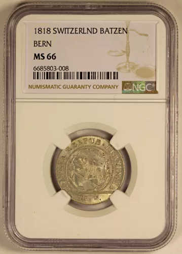 1818 NGC MS 66 Switzerland Swiss One Batzen Canton of Bern Coin