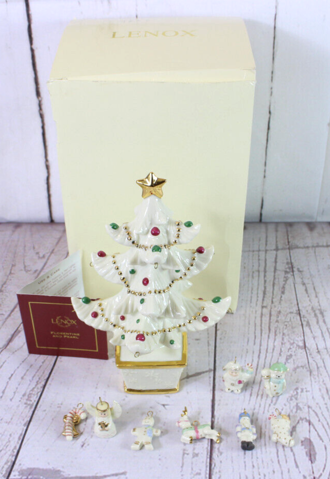 Lenox Porcelain Christmas Tree With 8 Ornaments 24K Gold Trim 8.25” & Box