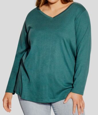 AVENUE Women's Green V Neck Essential Long Sleeve T-Shirt Plus Size 18