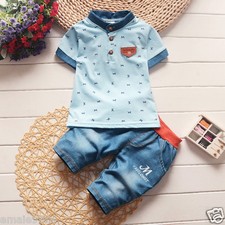 2pcs Toddler Kids Baby Boys Outfits T-shirt Denim shorts Casual Clothes Set