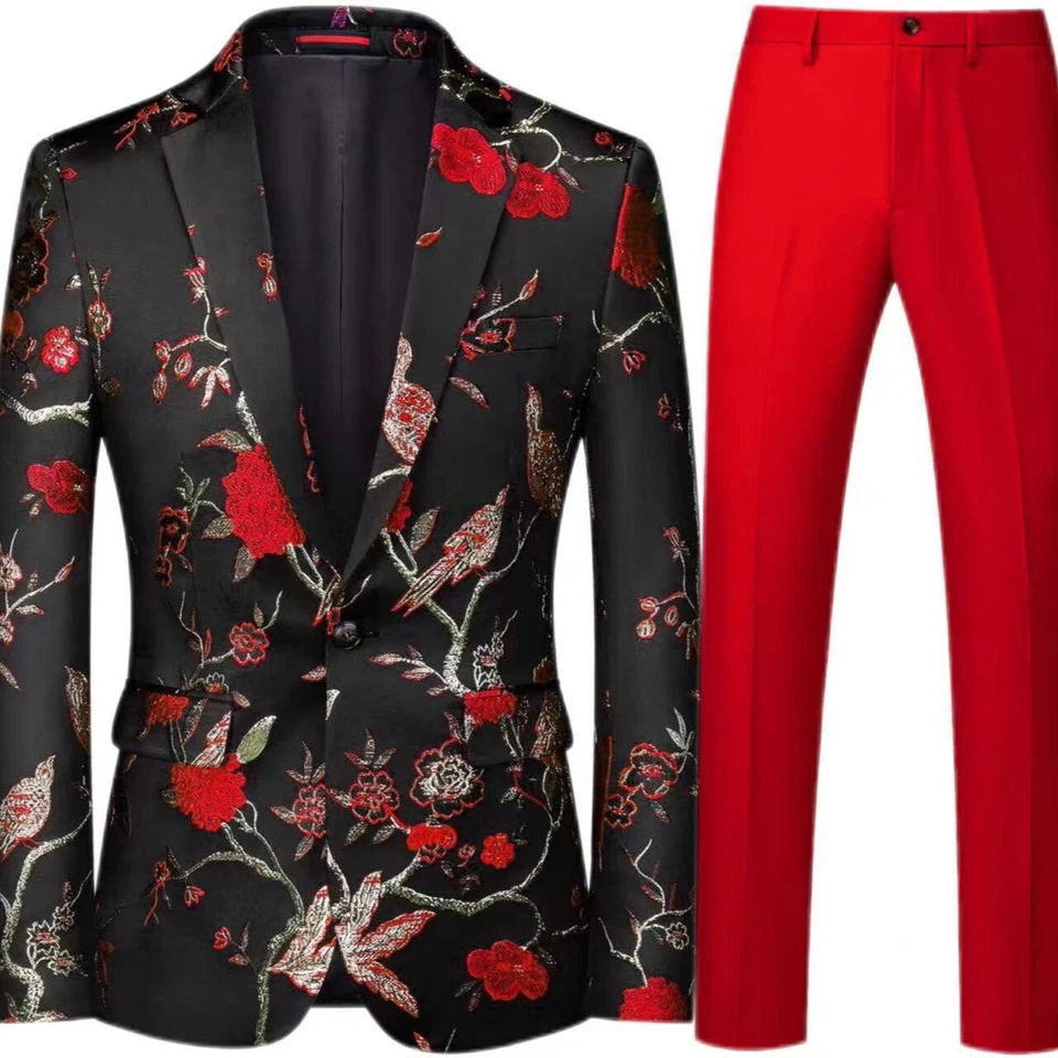 Para Hombres Floral Un Botón 2 piezas Trajes Abrigos Chaqueta Pantalones Noche Fiesta Blazers M-6XL Foto 4 de 4