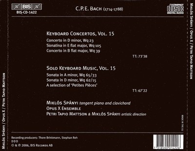 MIKLÓS SPÁNYI C.P.E. BACH: CONCETOS & SOLO KEYBOARD MUSIC, VOL. 15 NEW CD
