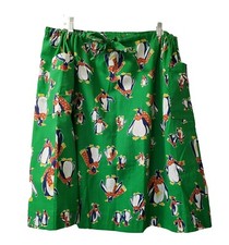 Vtg. Handmade Skirt, Drawstring Waist, Green with Penguins, Pockets, Adjustable