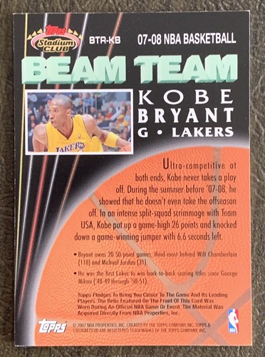 2007-08 Topps Stadium Club Beam Team Relic - Kobe Bryant - Worn Jersey - Picture 3 of 3