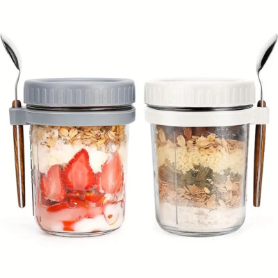 Overnight Oats Glas Behälter Tasse 350ml mit Deckel & Löffel tragbar Frühstück NEU