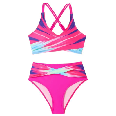 Gradient 2  Piece Bikini Swimsuit Size 8/10 (L) Criss-Cross Strap Neon Pink New
