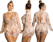 Abito tuta nudo scollo Trasparente Pailettes Ballo Party Sequin Romper dress M